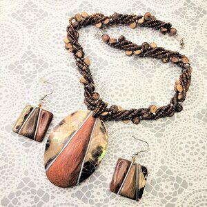 Large Pendant Coconut Shell Pendant  Beaded Necklace and Earrings Set